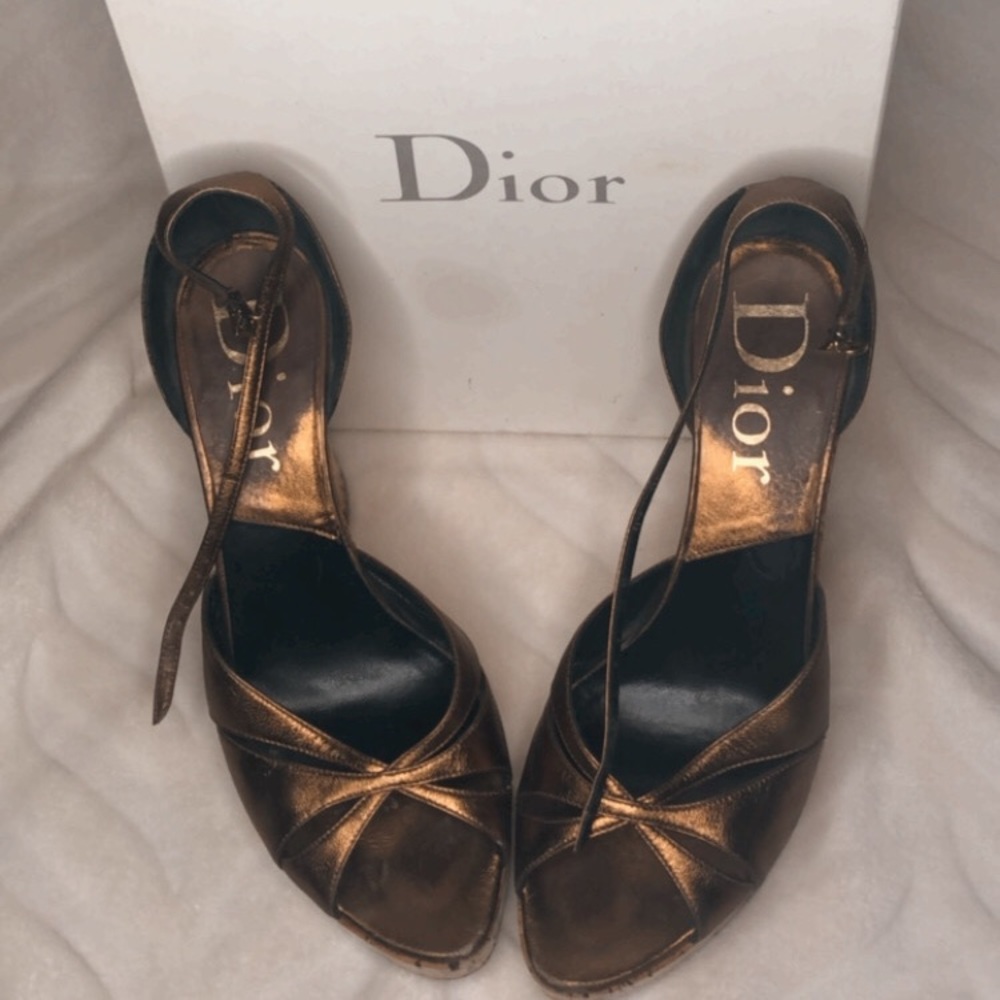 Dior wedged shoes 7.5 37.5 bronze gold gloss cork wedge authentic